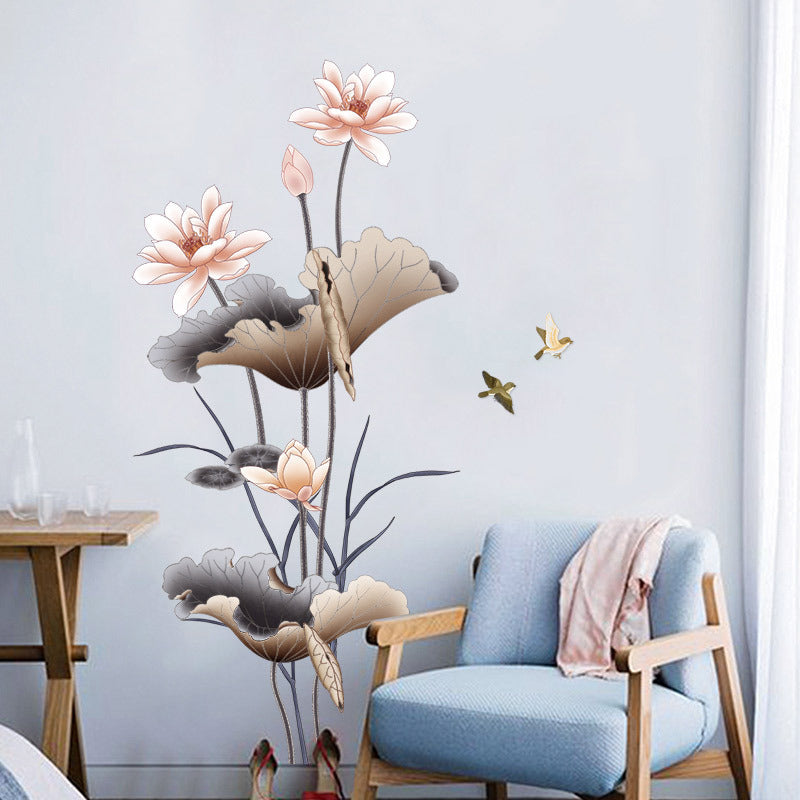 Chinese Style Lotus Flower Wallpaper - Self-Adhesive Living Room Sofa Background Wall Stickers