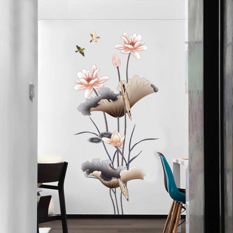 Chinese Style Lotus Flower Wallpaper - Self-Adhesive Living Room Sofa Background Wall Stickers