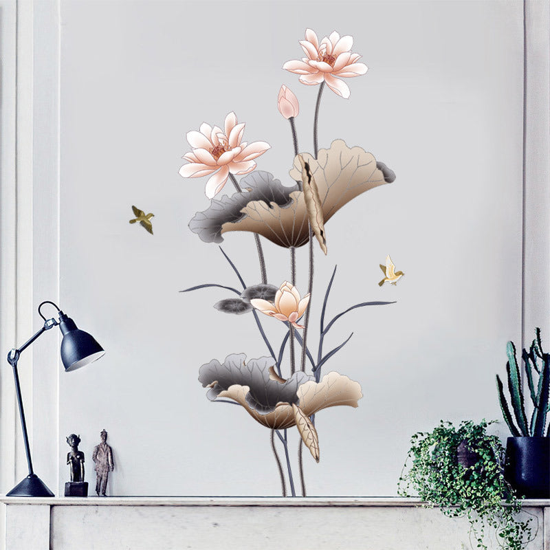Chinese Style Lotus Flower Wallpaper - Self-Adhesive Living Room Sofa Background Wall Stickers