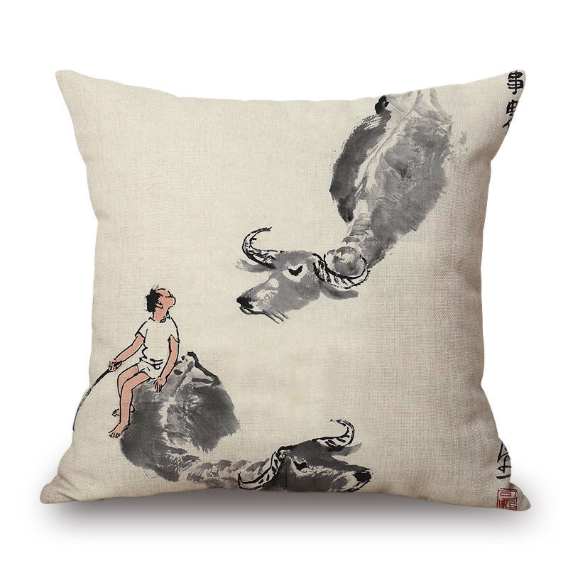 Retro Ink Painting Cushion Cover Chinese