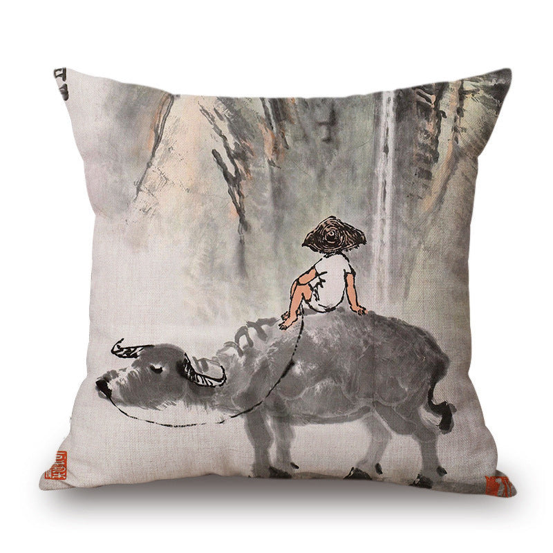 Retro Ink Painting Cushion Cover Chinese
