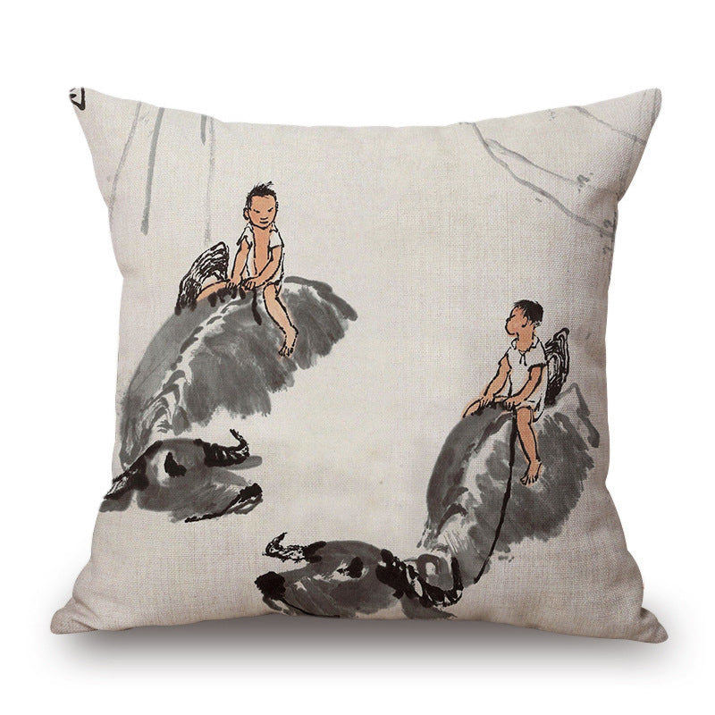 Retro Ink Painting Cushion Cover Chinese
