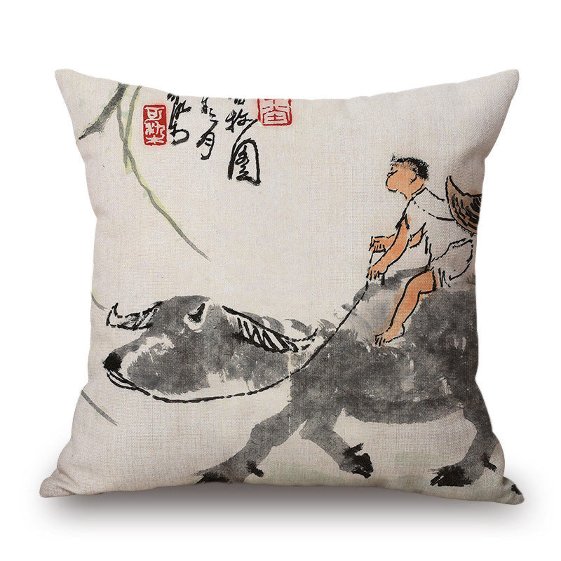 Retro Ink Painting Cushion Cover Chinese