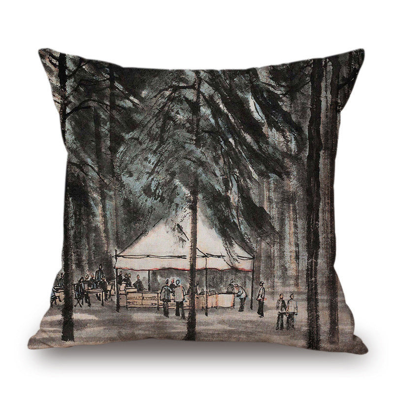 Retro Ink Painting Cushion Cover Chinese