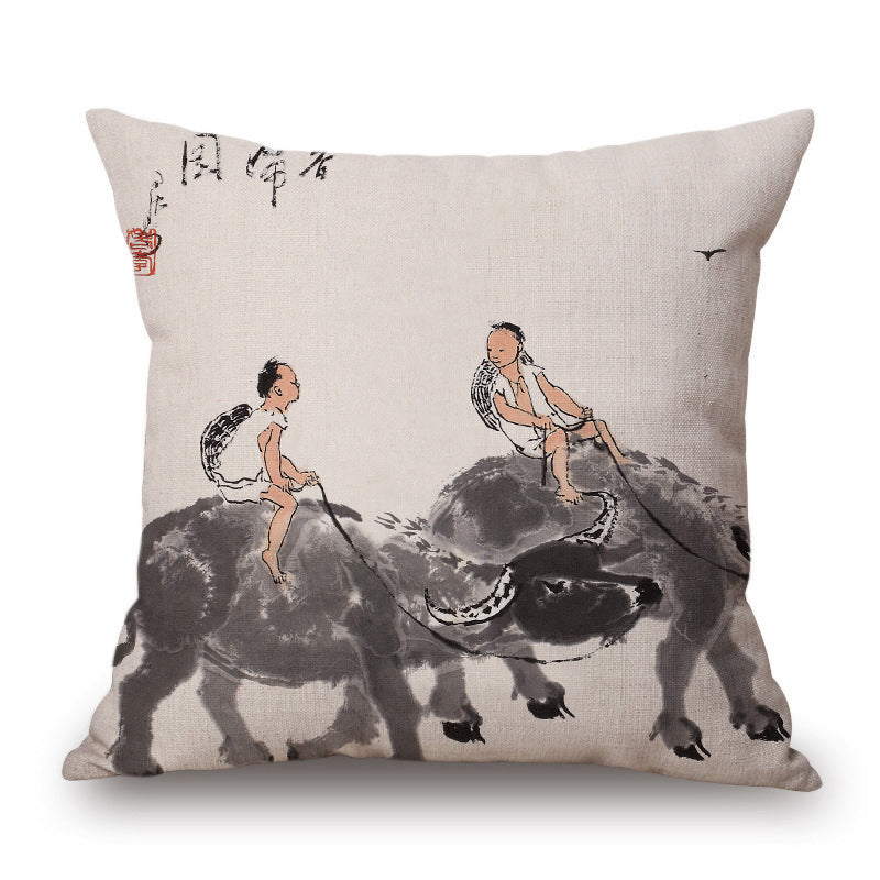 Retro Ink Painting Cushion Cover Chinese