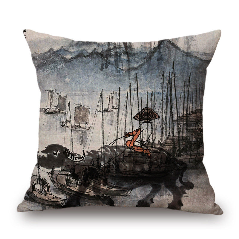 Retro Ink Painting Cushion Cover Chinese