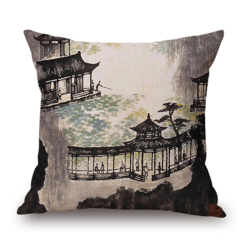Retro Ink Painting Cushion Cover Chinese