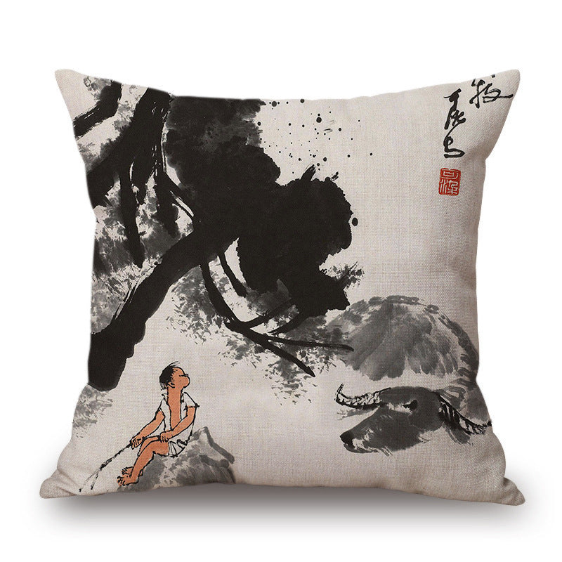 Retro Ink Painting Cushion Cover Chinese