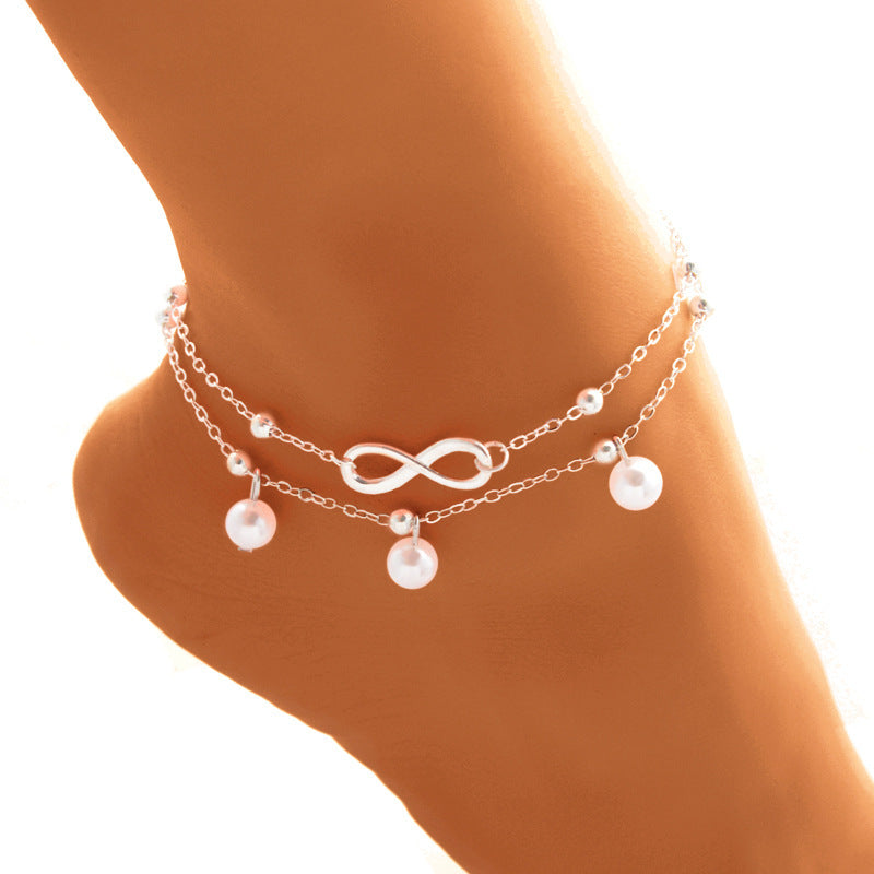 Women's Alloy Anklet with 8-Shaped Double-Layer Pearls - Infinity Symbol Ankle Bracelet