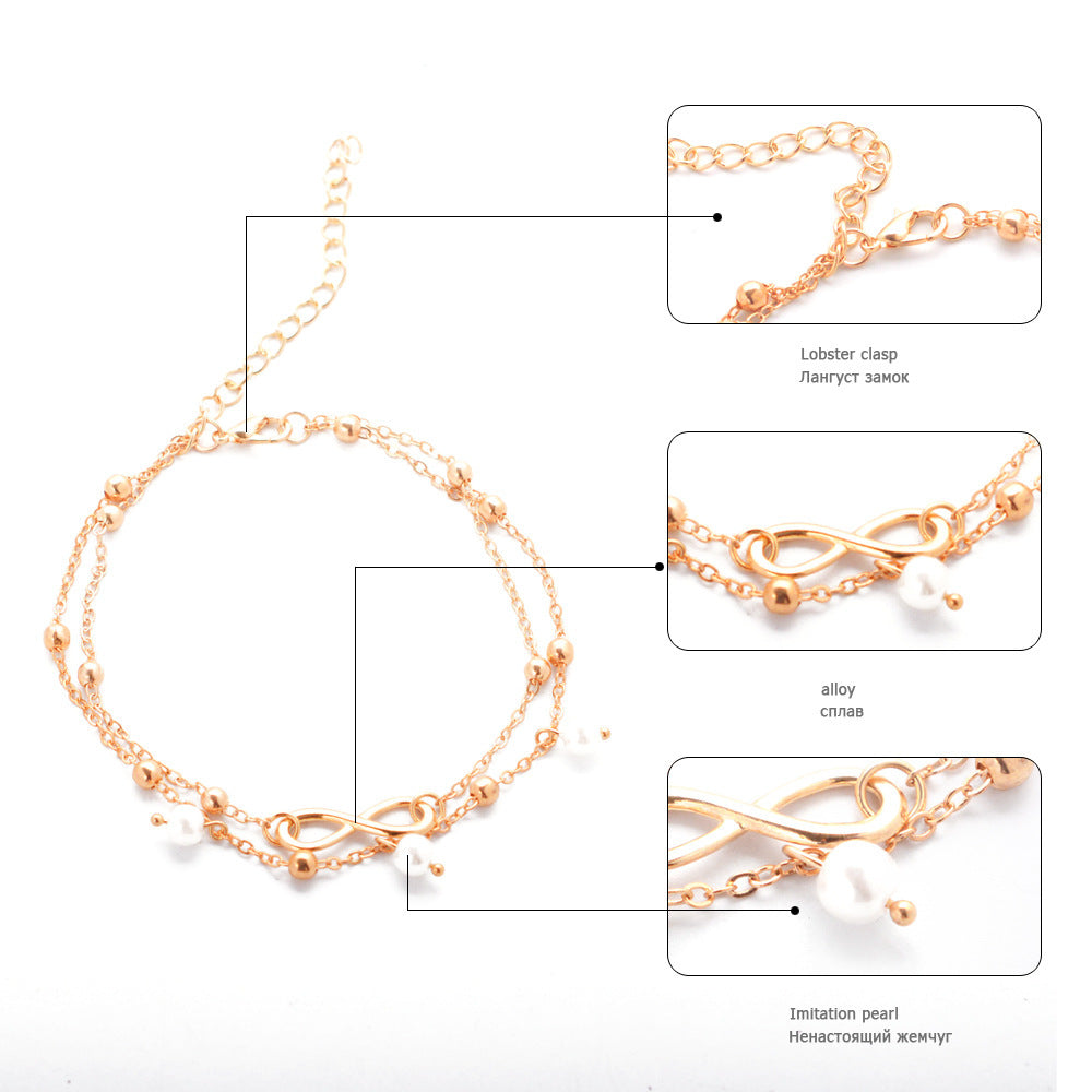 Women's Alloy Anklet with 8-Shaped Double-Layer Pearls - Infinity Symbol Ankle Bracelet