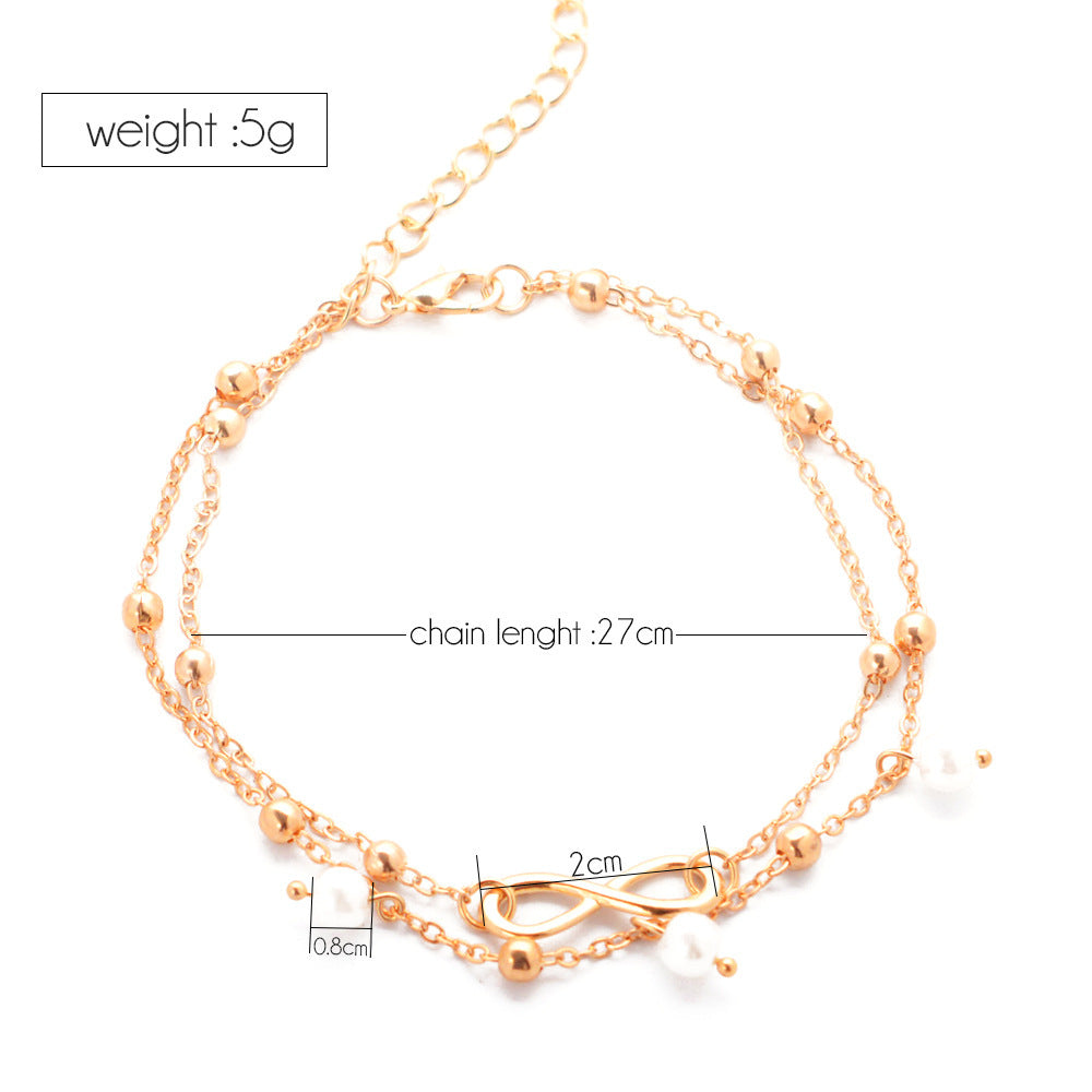 Women's Alloy Anklet with 8-Shaped Double-Layer Pearls - Infinity Symbol Ankle Bracelet