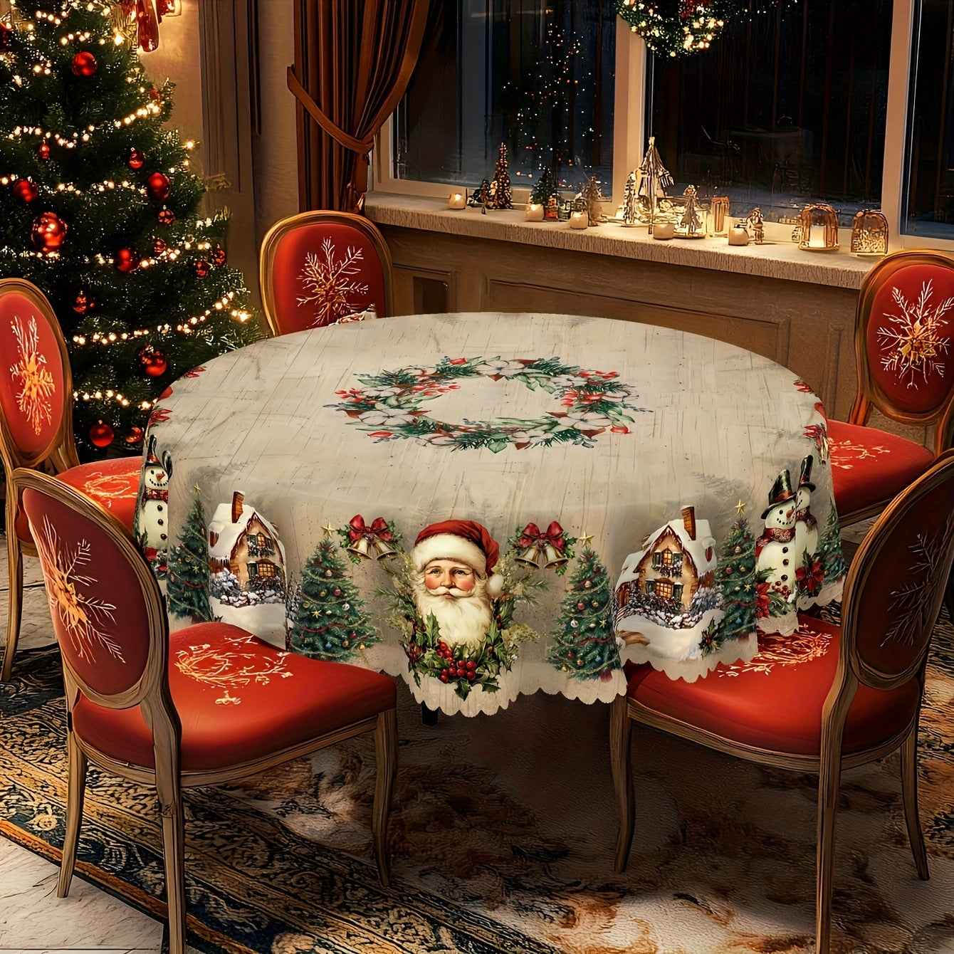 Christmas Round Tablecloth with Santa Claus - Holiday Table Flag Decoration - DropOnline.co