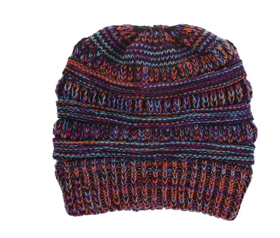 Women's Mixed Color Knitted Wool Hat - Ponytail Beanie