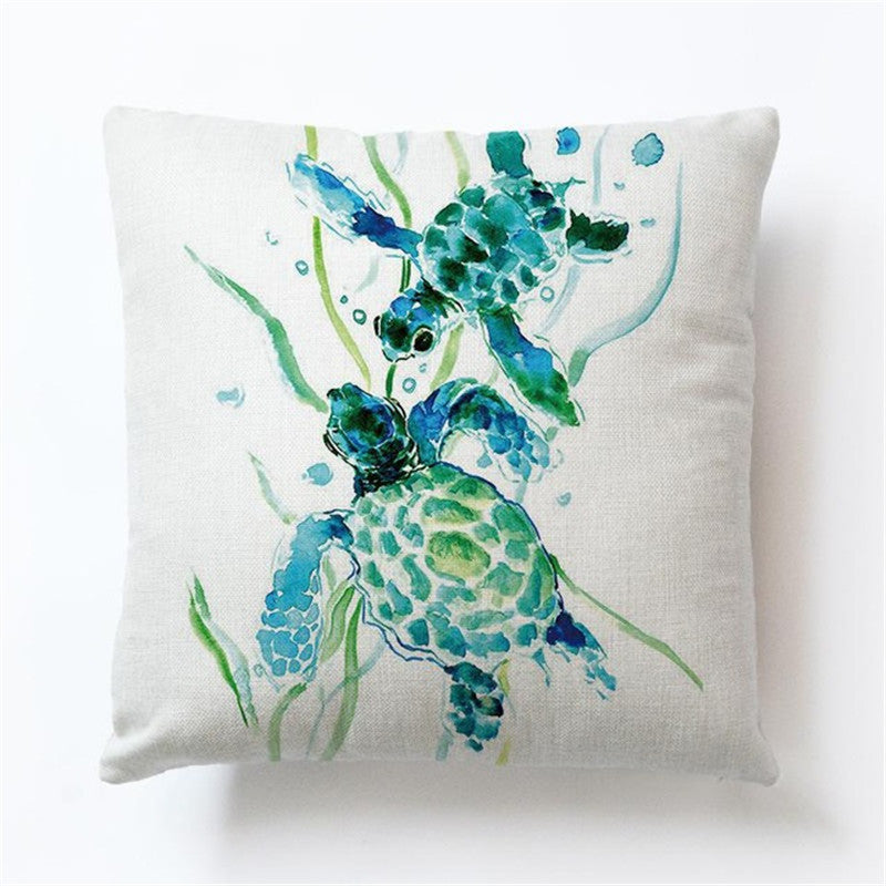 Turtle Print Polyester Cushion Cover - Ocean Theme Decorative Pillow Case for Home