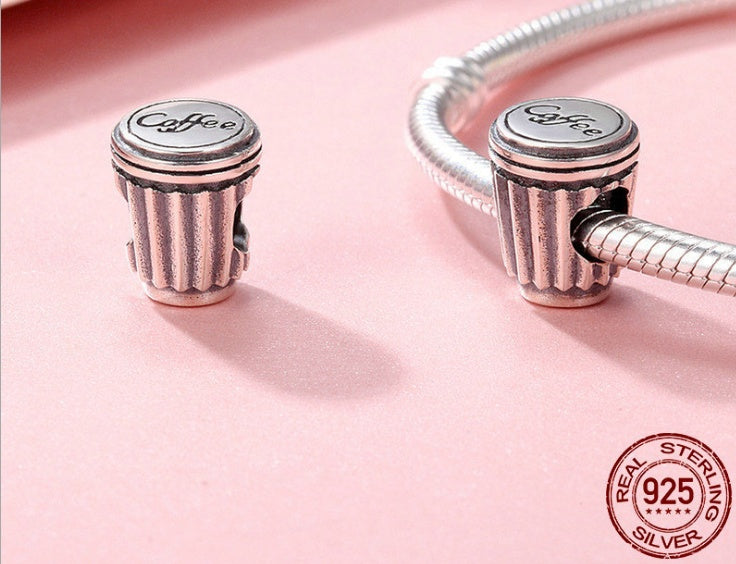 Sterling Silver Coffee Cup Charm Bead - S925 Pure Silver