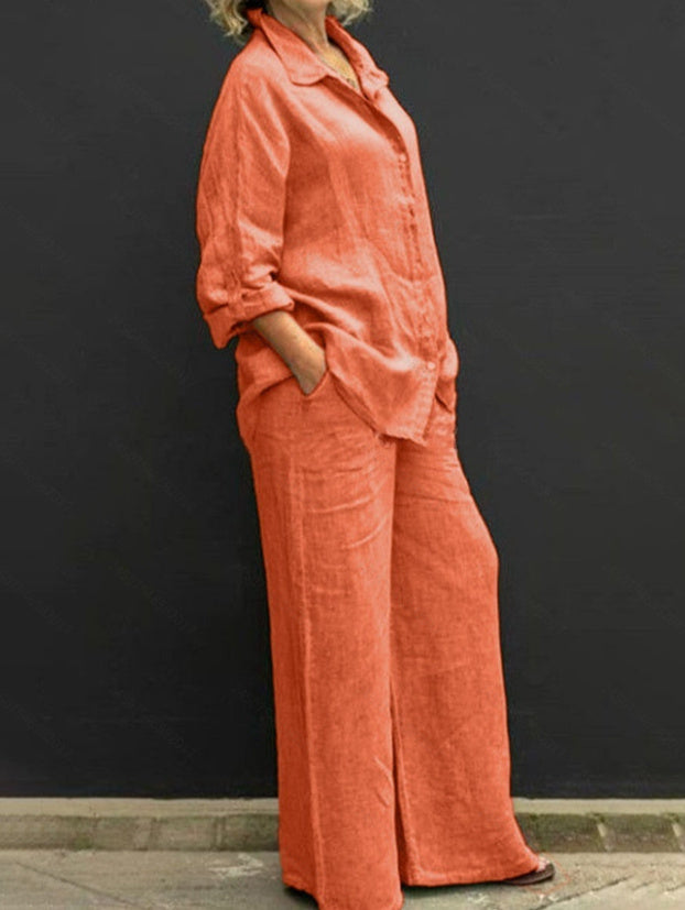 Women's Casual Urban Shirt Set - Long Sleeve Top and Trousers Outfit
