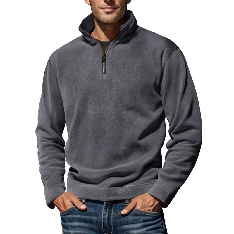 Men's Polar Fleece Stand Collar Pullover Sweater - Pure Color Casual Top