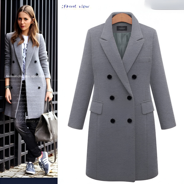 Women's Double-Breasted Woolen Coat - Long Winter Outerwear
