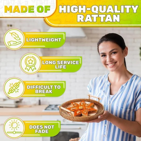 Rattan Serving Tray - 8.7 Inch Round Woven Basket with Handles
