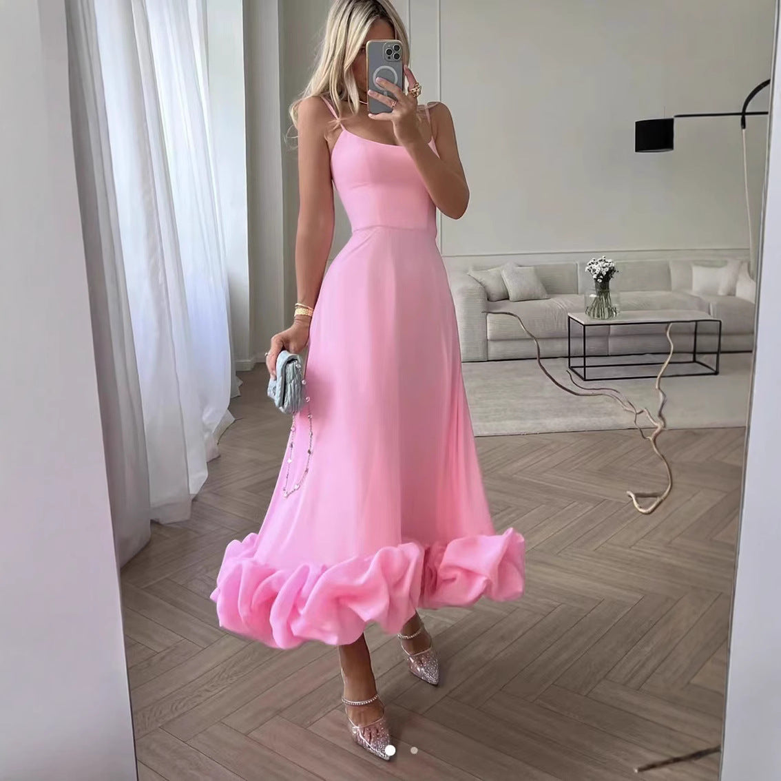 Women's A-Line Halter Dress with 3D Floral Details - Elegant Party Style