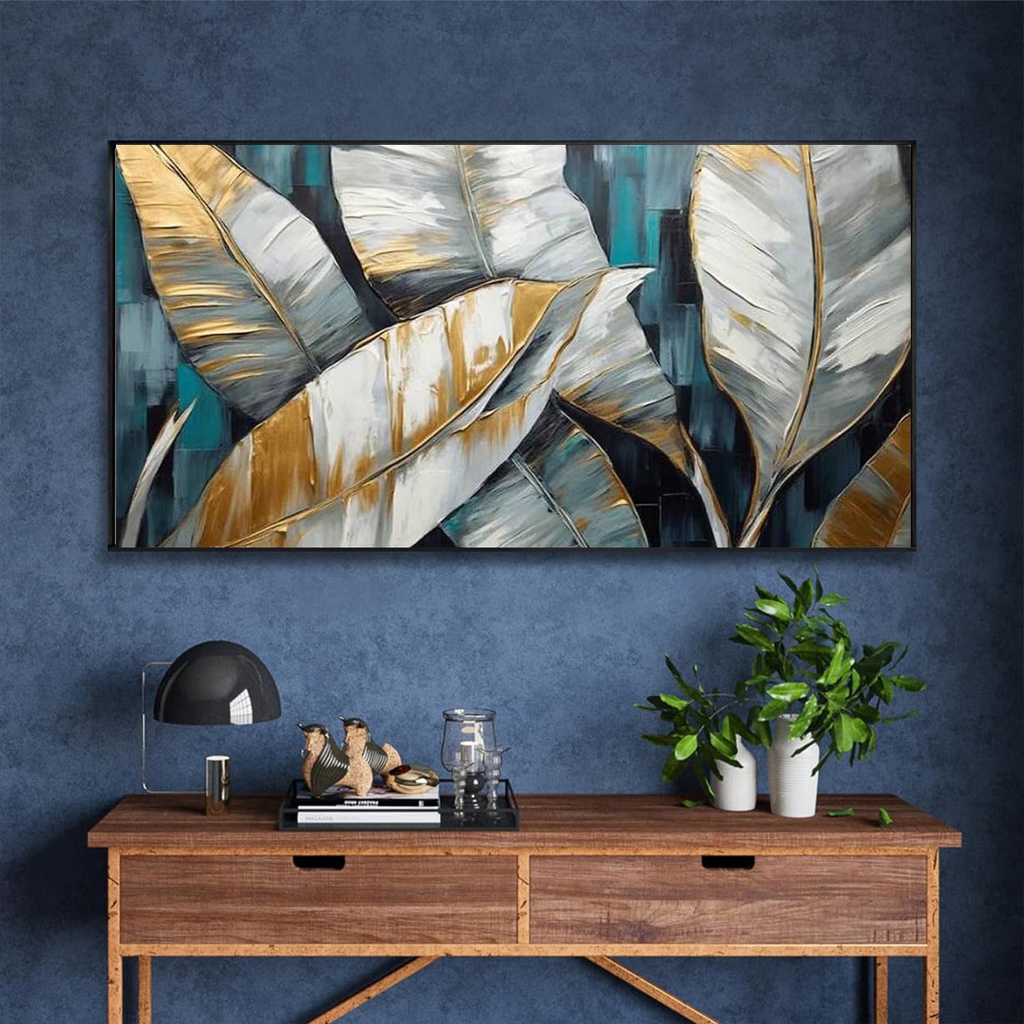 Handmade Oil Painting Canvas Wall Art Decoration Abstract Large Golden Green Banana Leaves Pictures Modern Family Bedroom Decor Rolled Frameless Unstretched Painting