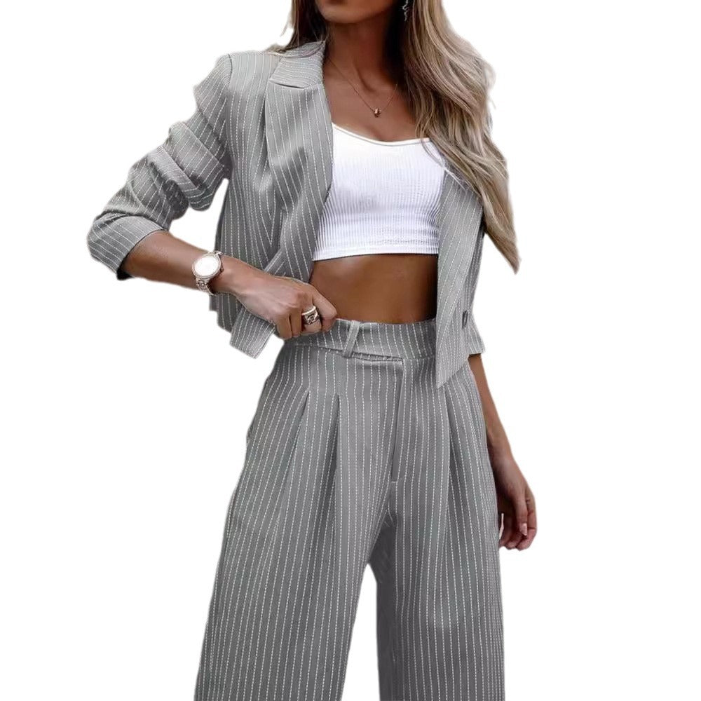 Women's Striped Suit Set - Elegant Short Lapel Jacket & Straight Pants