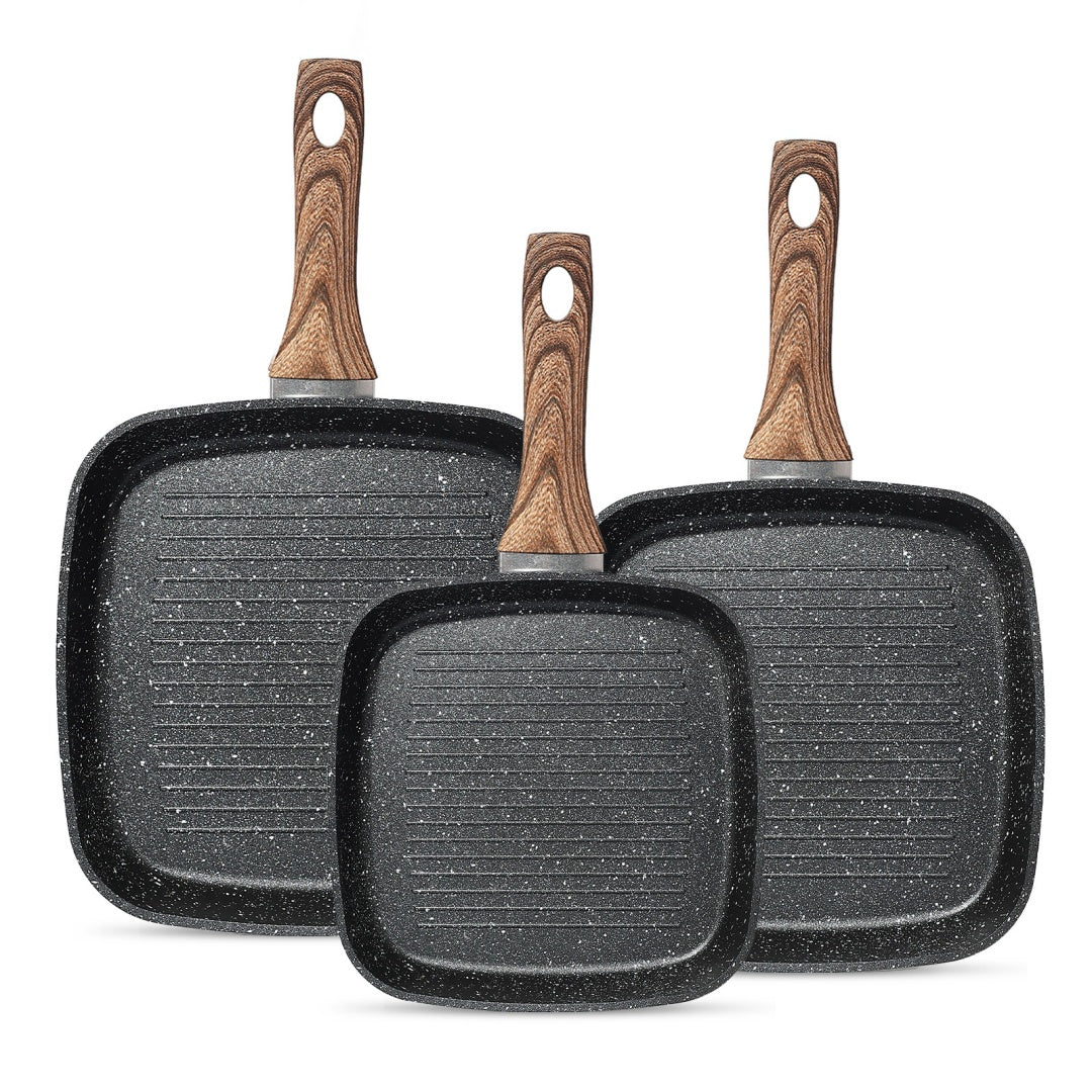 Nonstick Frying Pan Skillet Set, 3 Piece Square Grill Pans With Stay Cool Handle & PFOA Free, Compatible With All Stovetops