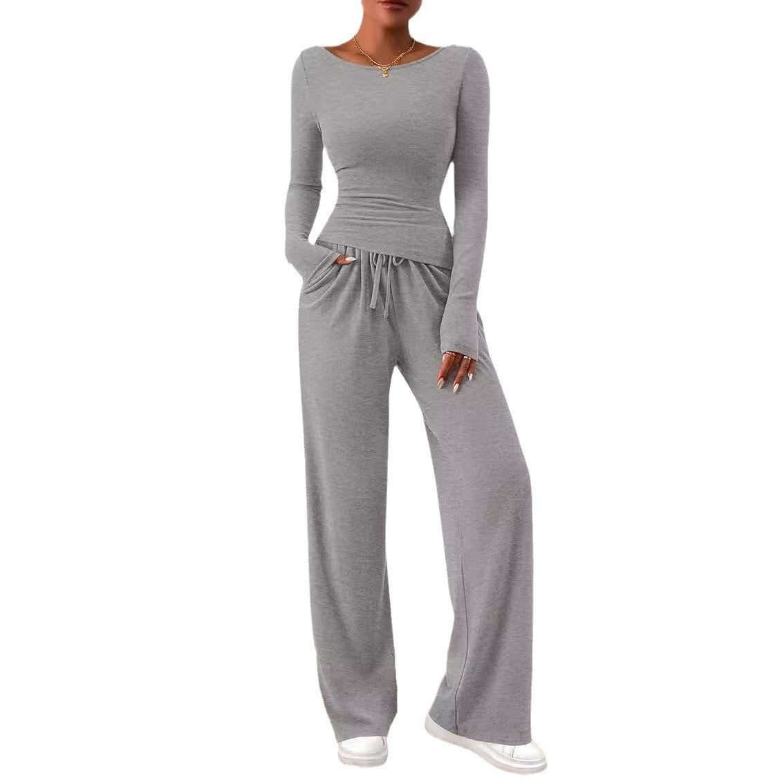 Women's Asymmetric Casual Set - Long Sleeve Top & Wide Leg Pants