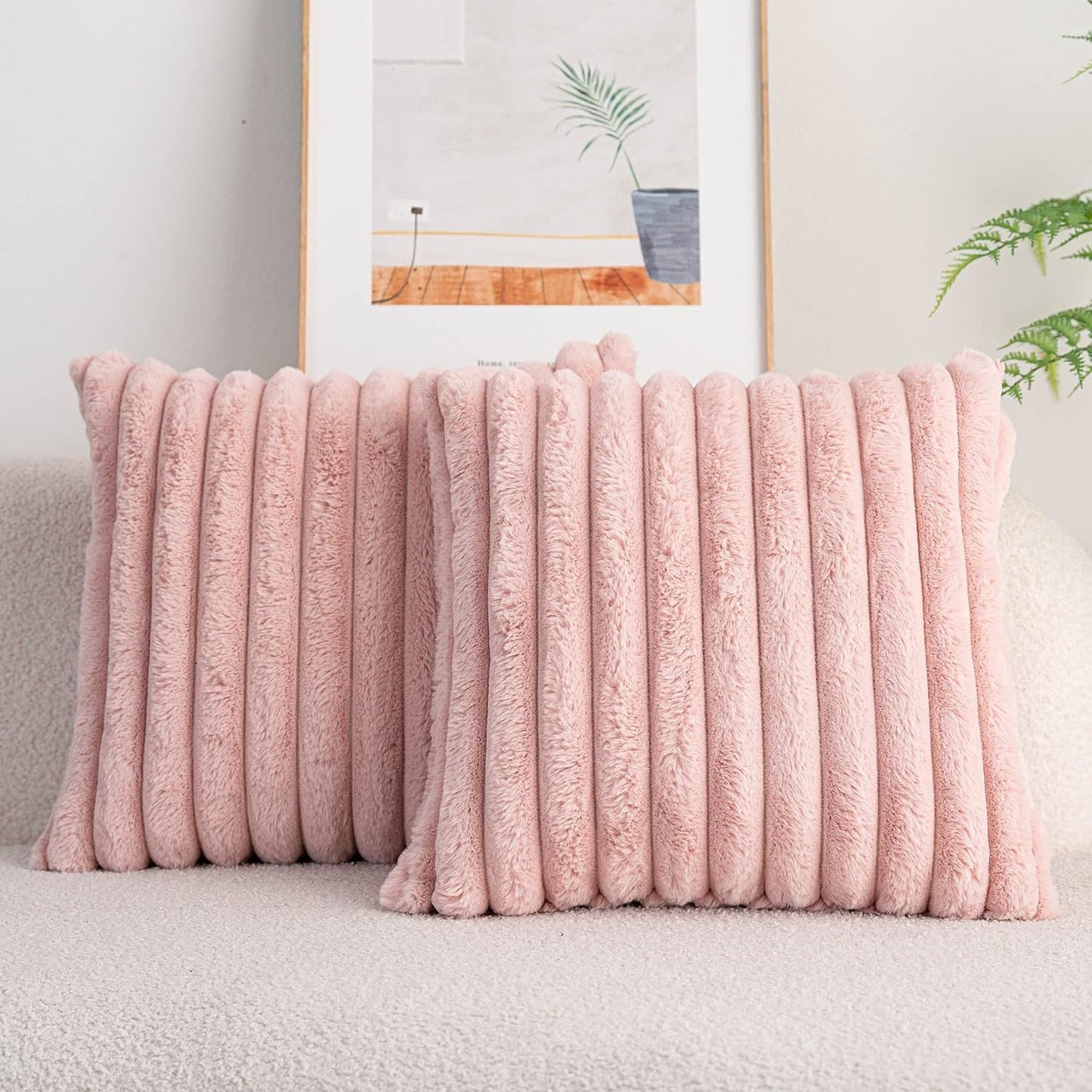 Rabbit Fur Solid Color Vertical Bar Plush Square Cushion Cover