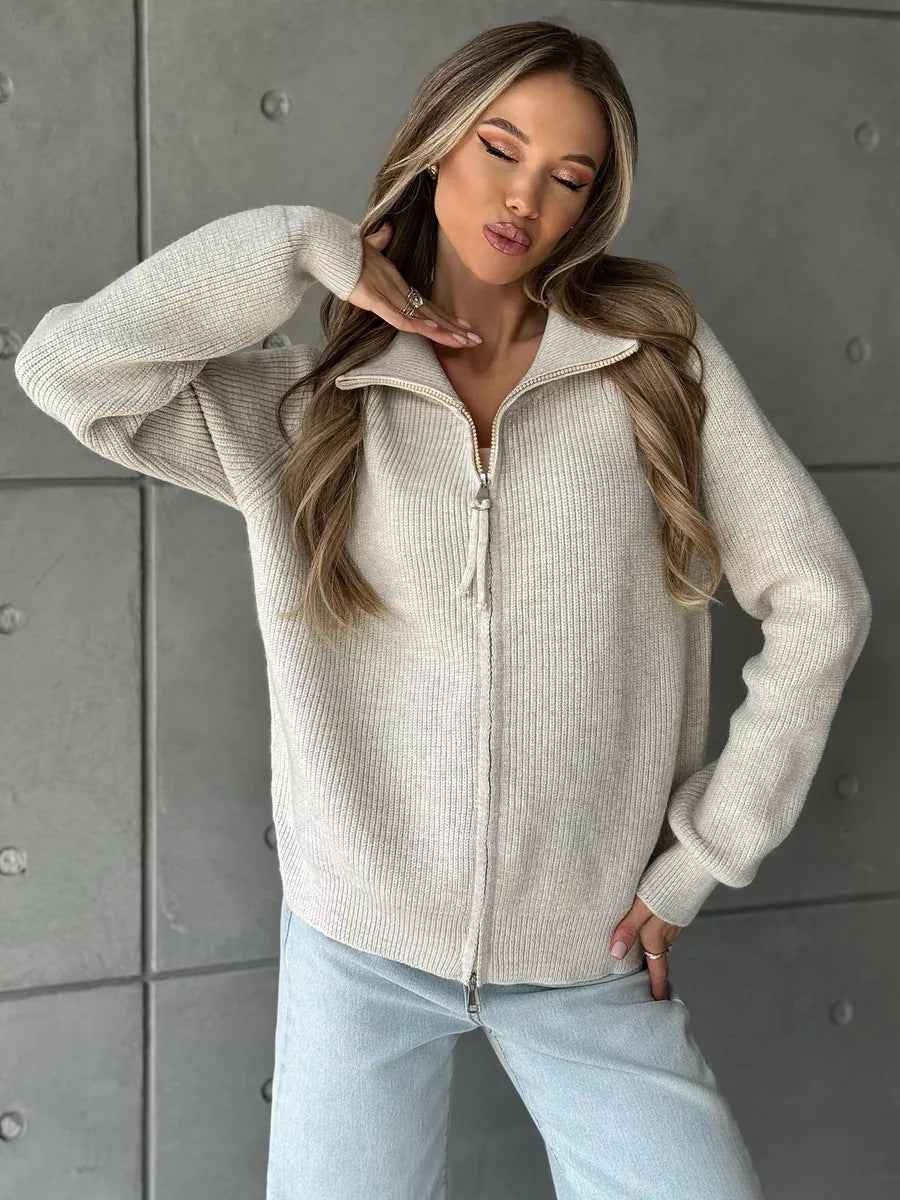 Women's Casual Knit Dual-zip Solid Color Sweater