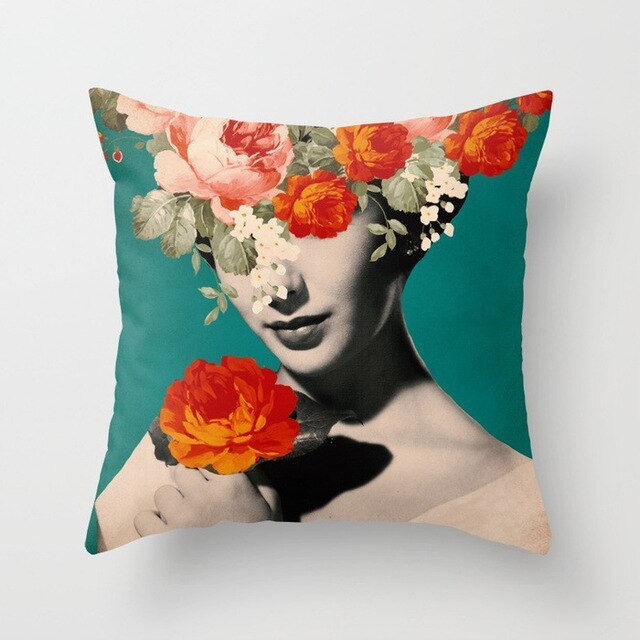 Abstract Print Flower Lady Cushion Cover - Artistic Pillow Cases for Modern Home Decor