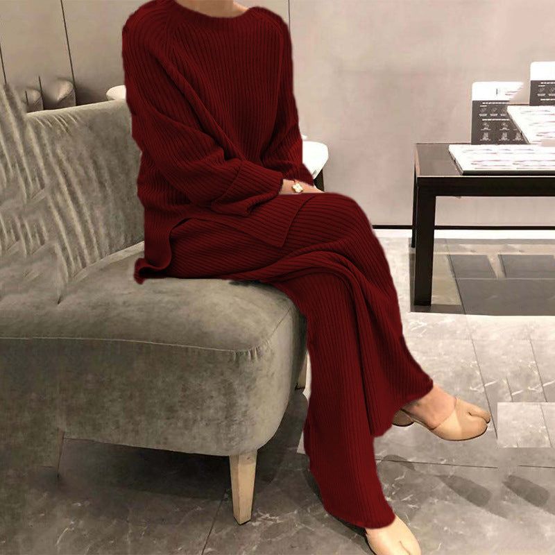 Women's Knit Casual Two-Piece Set - Knitted Sweater and Pants Outfit