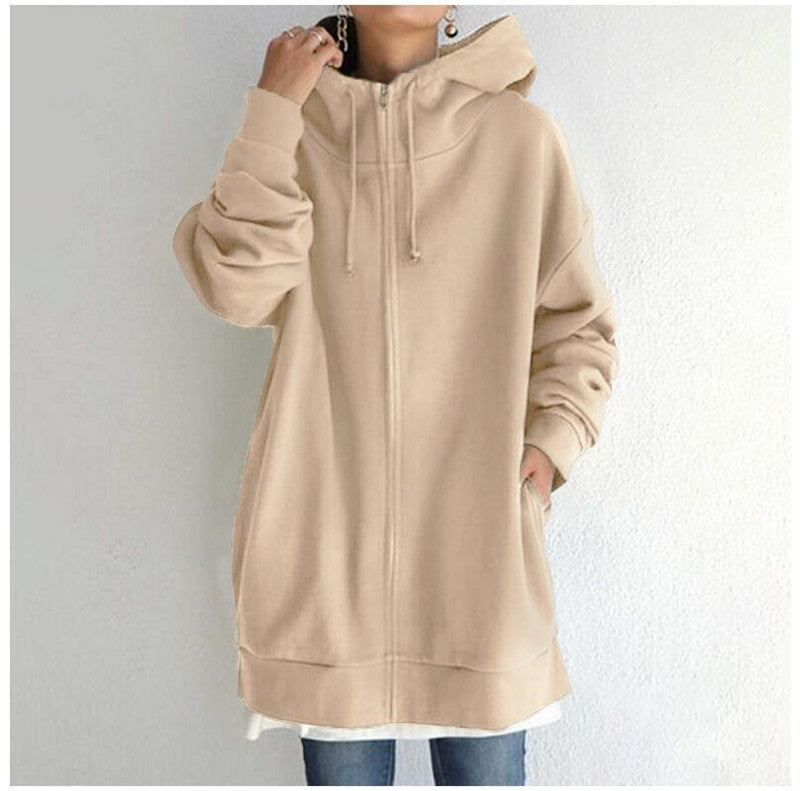 Women's Oversized Hooded Zip-Up Sweatshirt - Velvet-Lined Long Coat