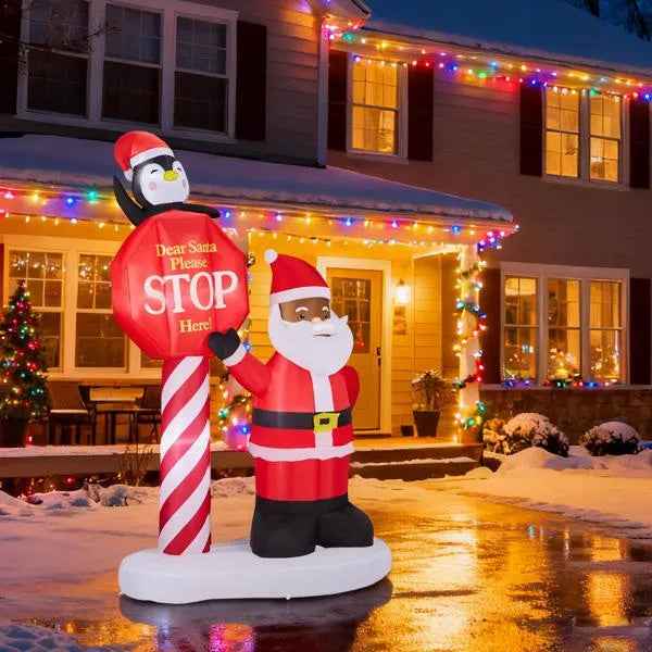 8.2FT Inflatable Black Santa with Road Sign - LED Lighted Christmas Yard Decoration - DropOnline.co