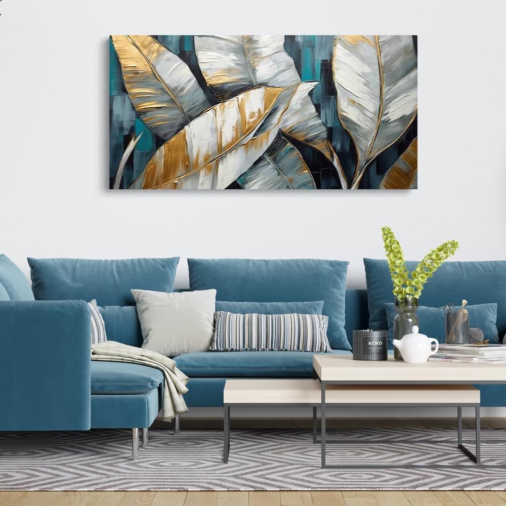 Handmade Oil Painting Canvas Wall Art Decoration Abstract Large Golden Green Banana Leaves Pictures Modern Family Bedroom Decor Rolled Frameless Unstretched Painting