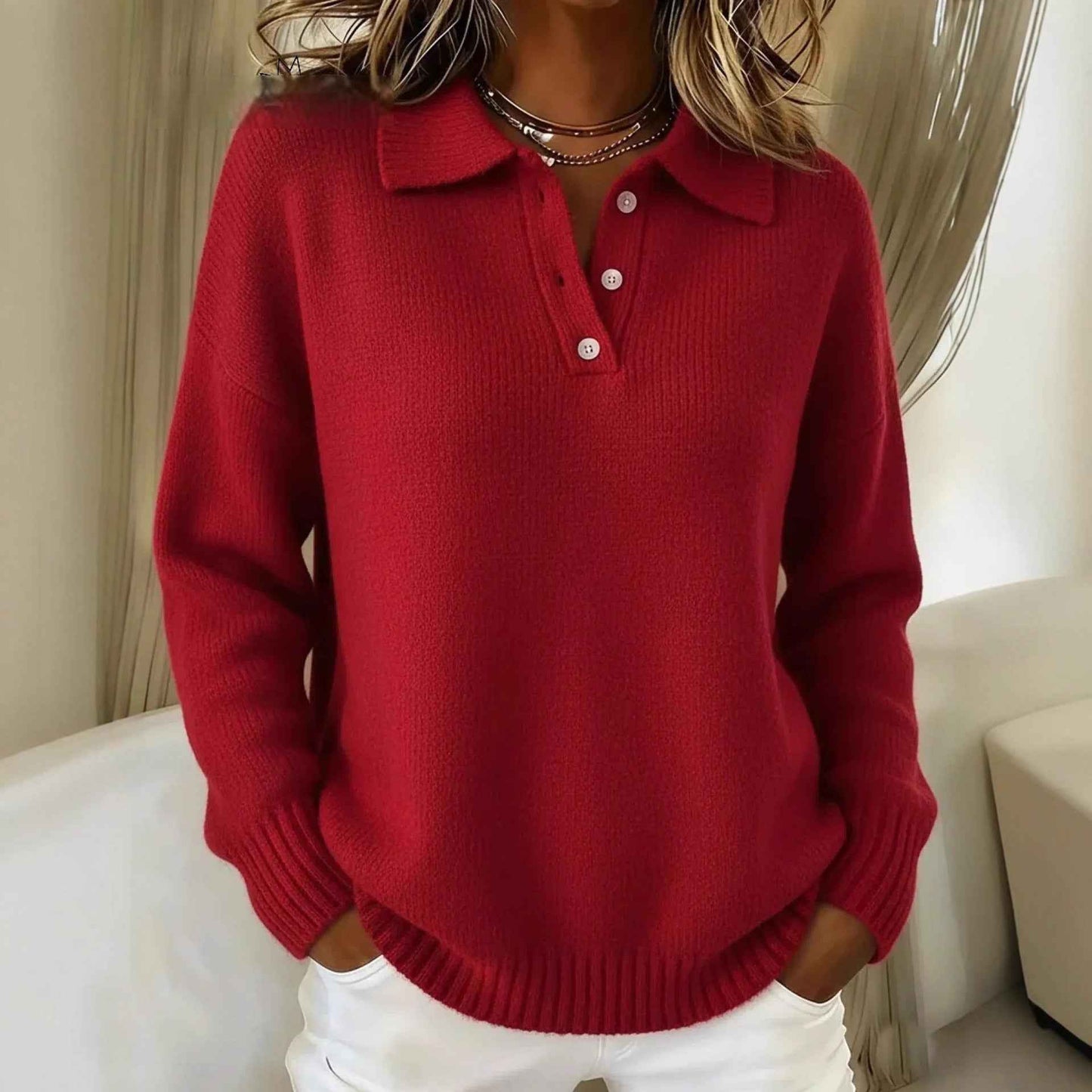 Loose And Soft Women's Lapel Long Sleeve Button Sweater
