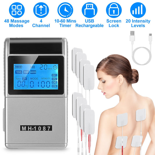 1Pc 4 Channel TENS Unit Muscle Stimulator Rechargeable Digital TENS Muscle Massager With 48 Modes 20 Intensity Levels 8 Pads Timer