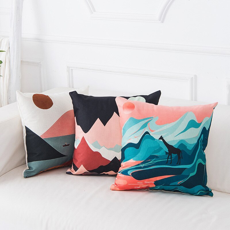 Mountain tree sunrise oil painting cushion cover