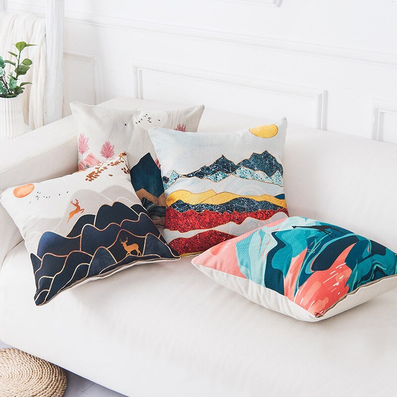 Mountain tree sunrise oil painting cushion cover