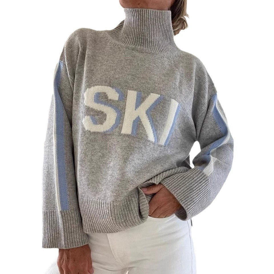 Womens Loose Fit High Neck Letter Sweater