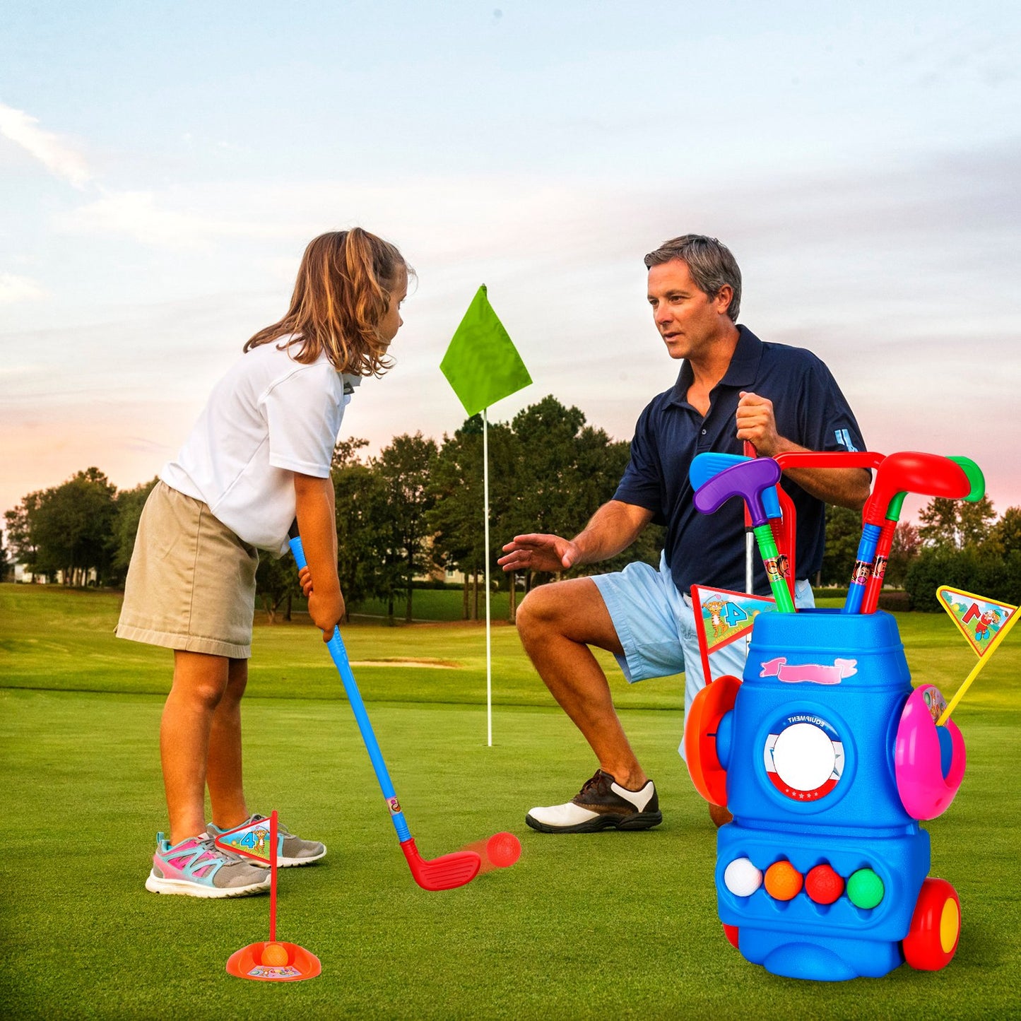 Toddler Golf Set With 4 Balls 4 Clubs 2 Holes 2 Flags Golf Cart Indoor Outdoor Golf Game Gift For 3-5 Years Old Kids