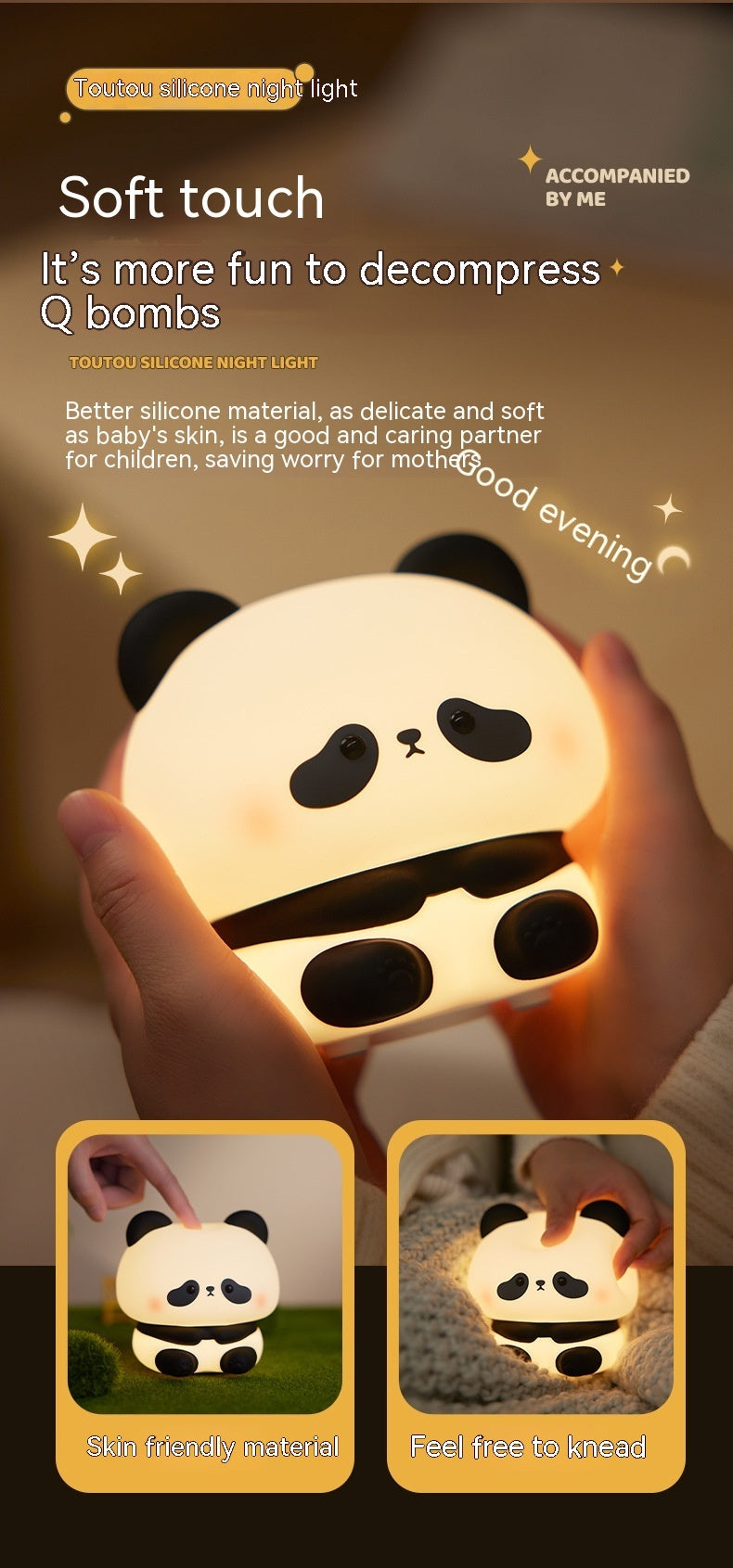 Panda LED Night Light - Cute Silicone USB Rechargeable Touch Lamp with Timing for Children