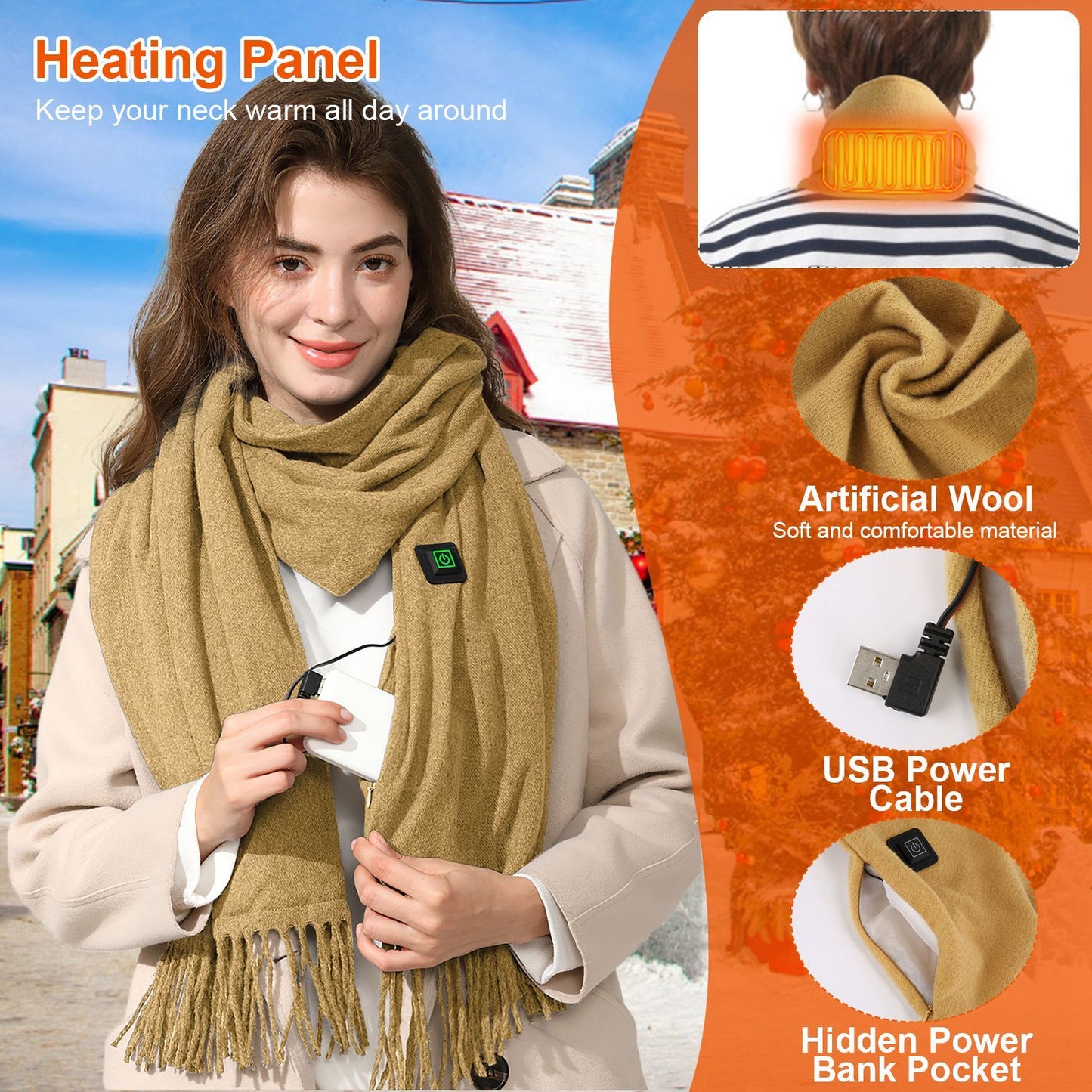 USB Electric Heated Winter Scarf - 3 Heating Modes for Outdoor Activities