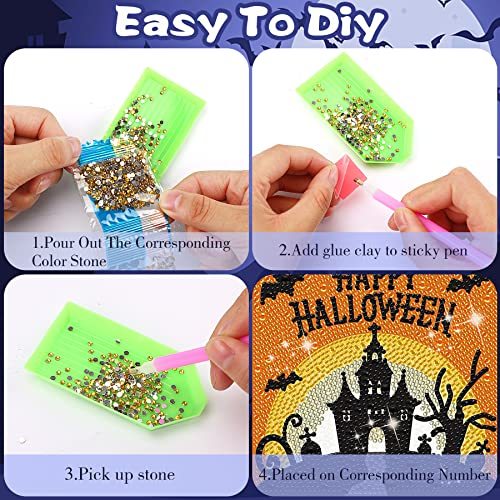 Halloween Diamond Painting Kit - 4 Pcs Witch Pumpkin Bat DIY Crafts