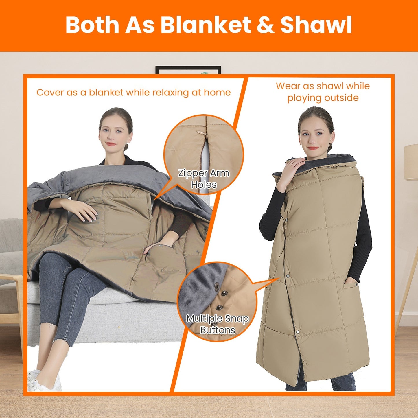 USB Heated Blanket - Electric Heated Poncho Shawl with 3 Heating Levels & 6 Zones