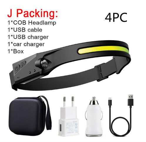 COB LED Rechargeable Headlamp - 350 Lumens Wave Sensor Waterproof Headlight for Camping & Outdoor