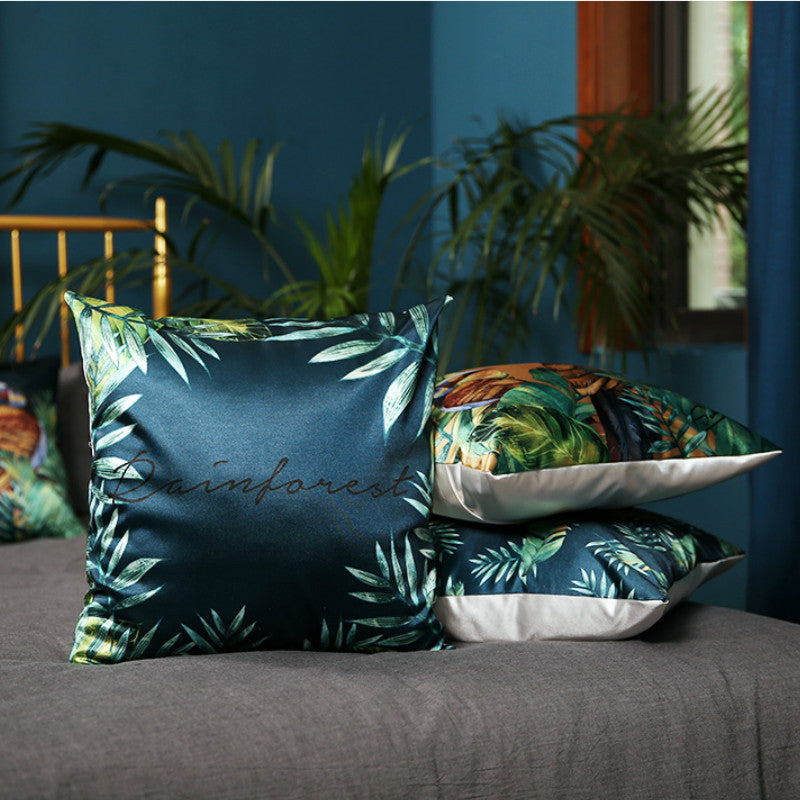 Modern rainforest bird green leaf print cushion cover