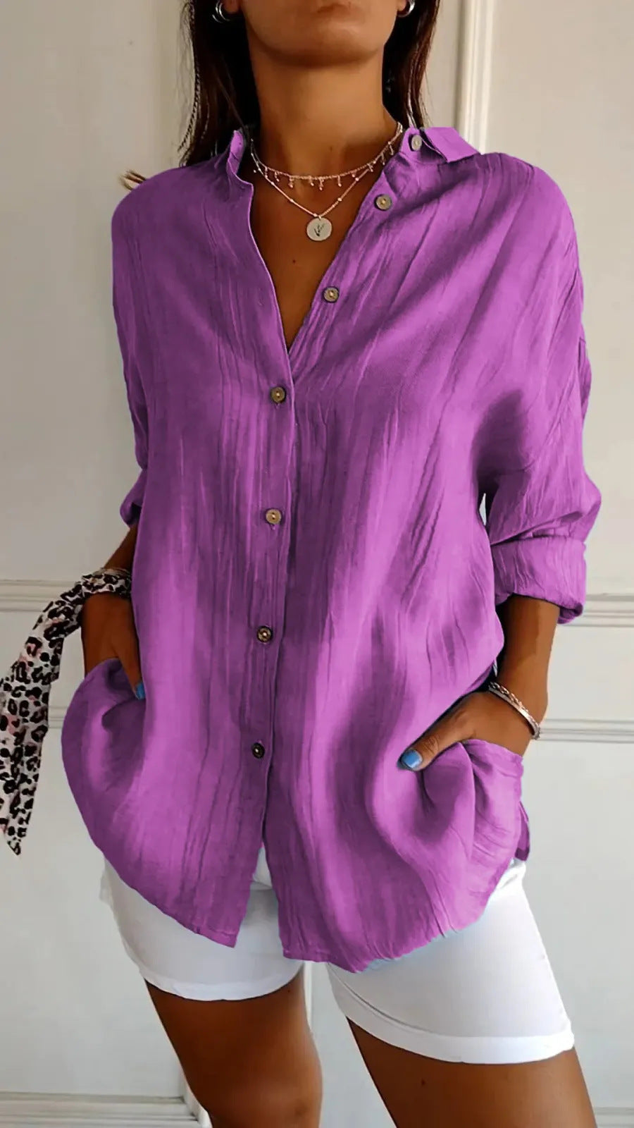 Women's Lapel Long Sleeve Shirt - Single-Breasted Pleated Button-Up