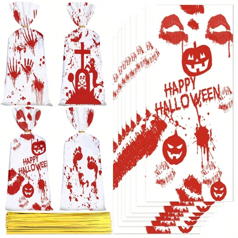 Halloween Cellophane Candy Bags - 50 Pack with Gold Twist Ties