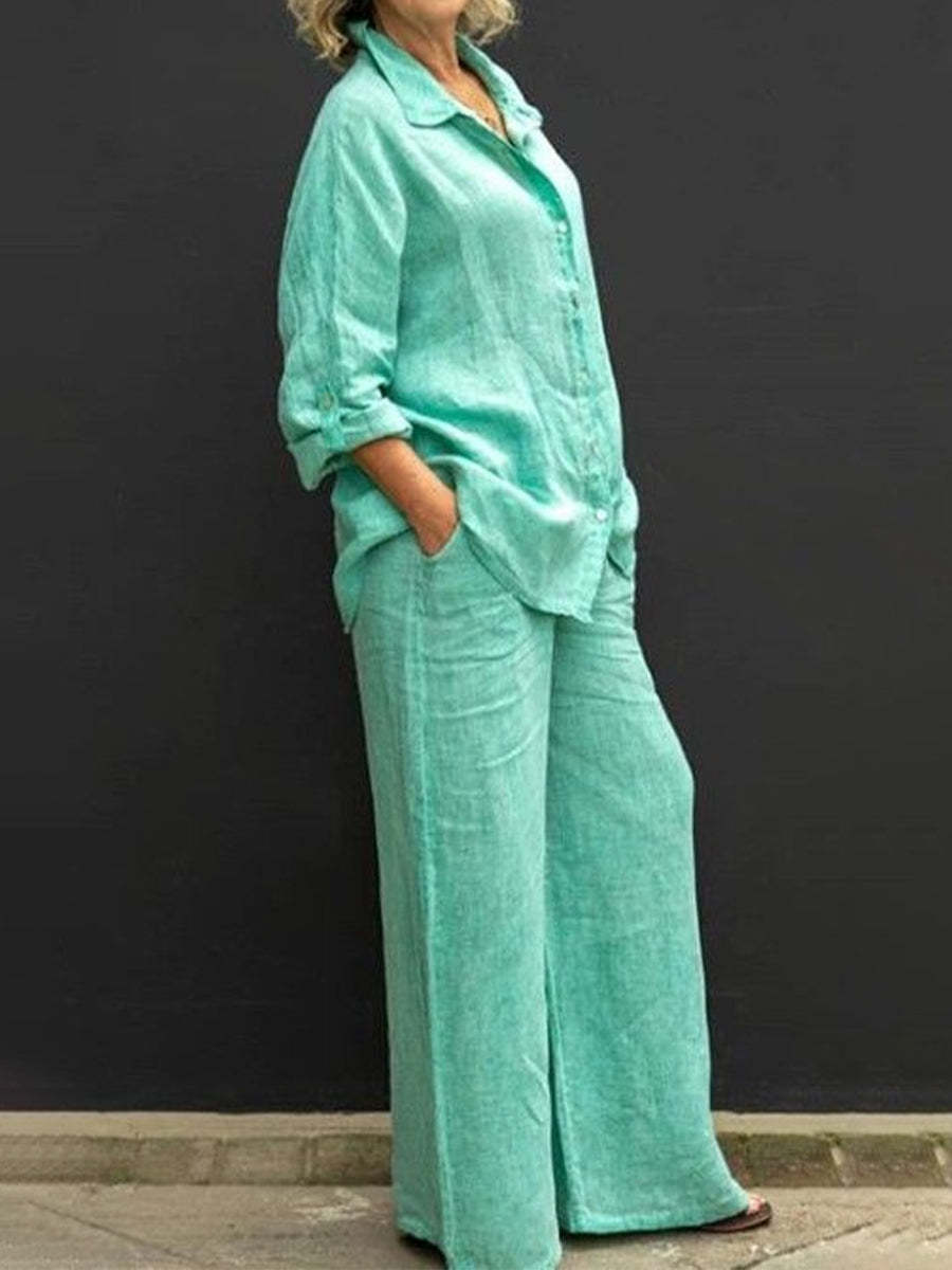 Women's Casual Urban Shirt Set - Long Sleeve Top and Trousers Outfit